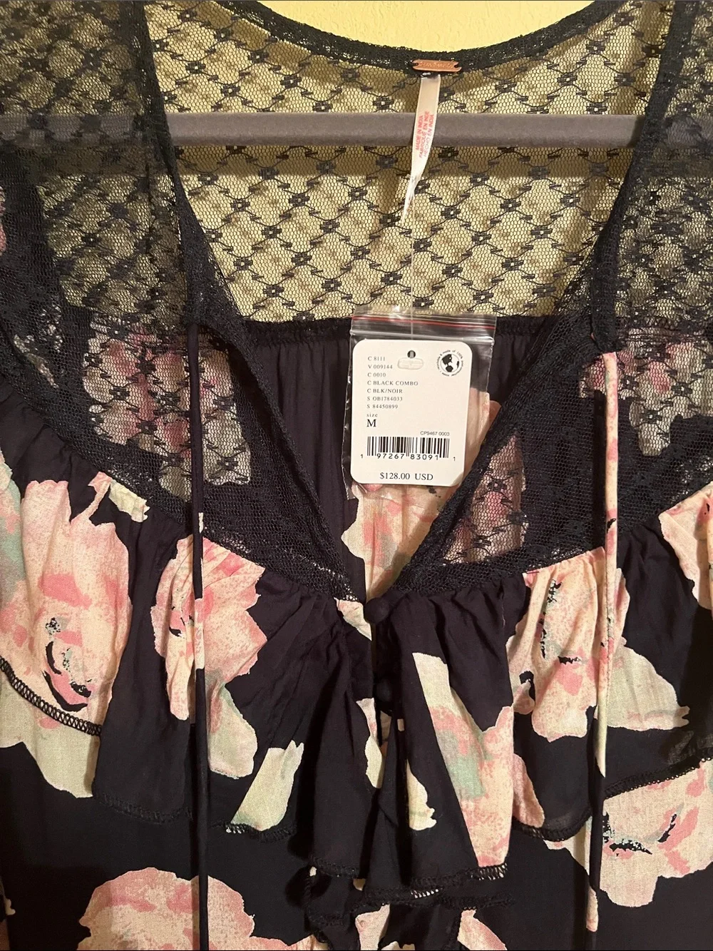 Free People Black Floral Mini Dress with Pink Flowers